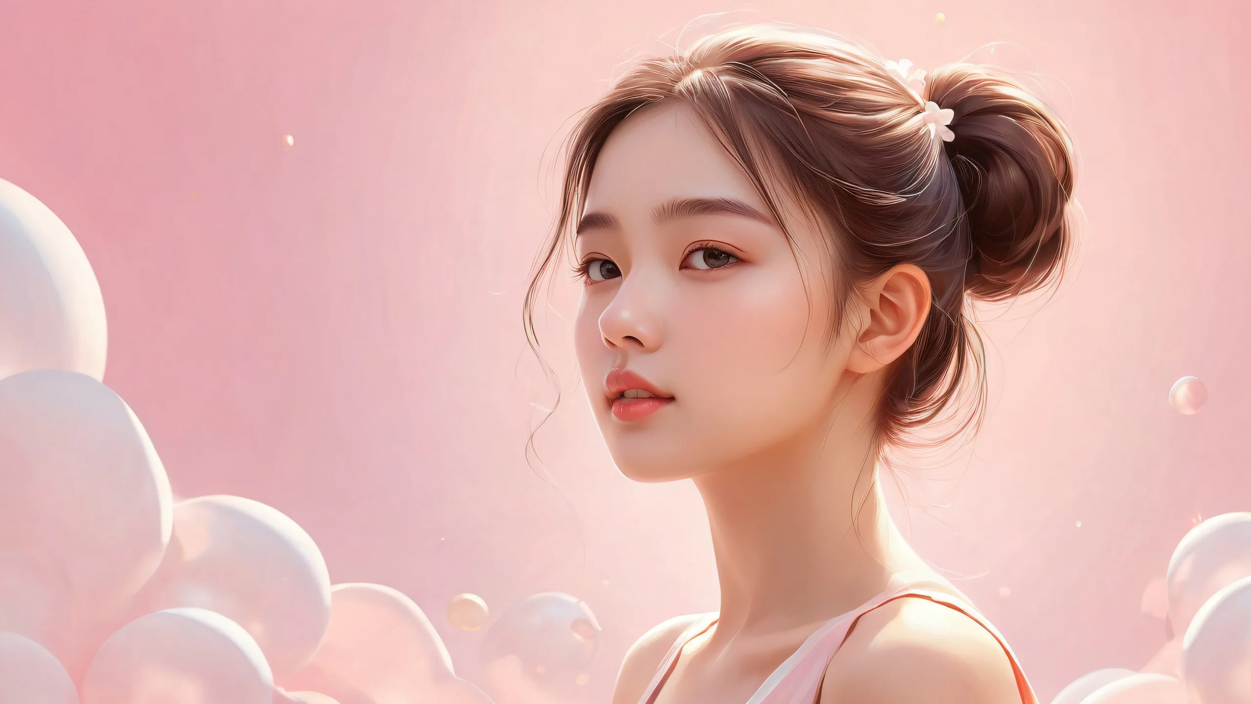 A serene and peaceful desktop scene of a young woman amidst a vast, pure void with radiant lighting and stunning visual impact for your PC or Desktop.