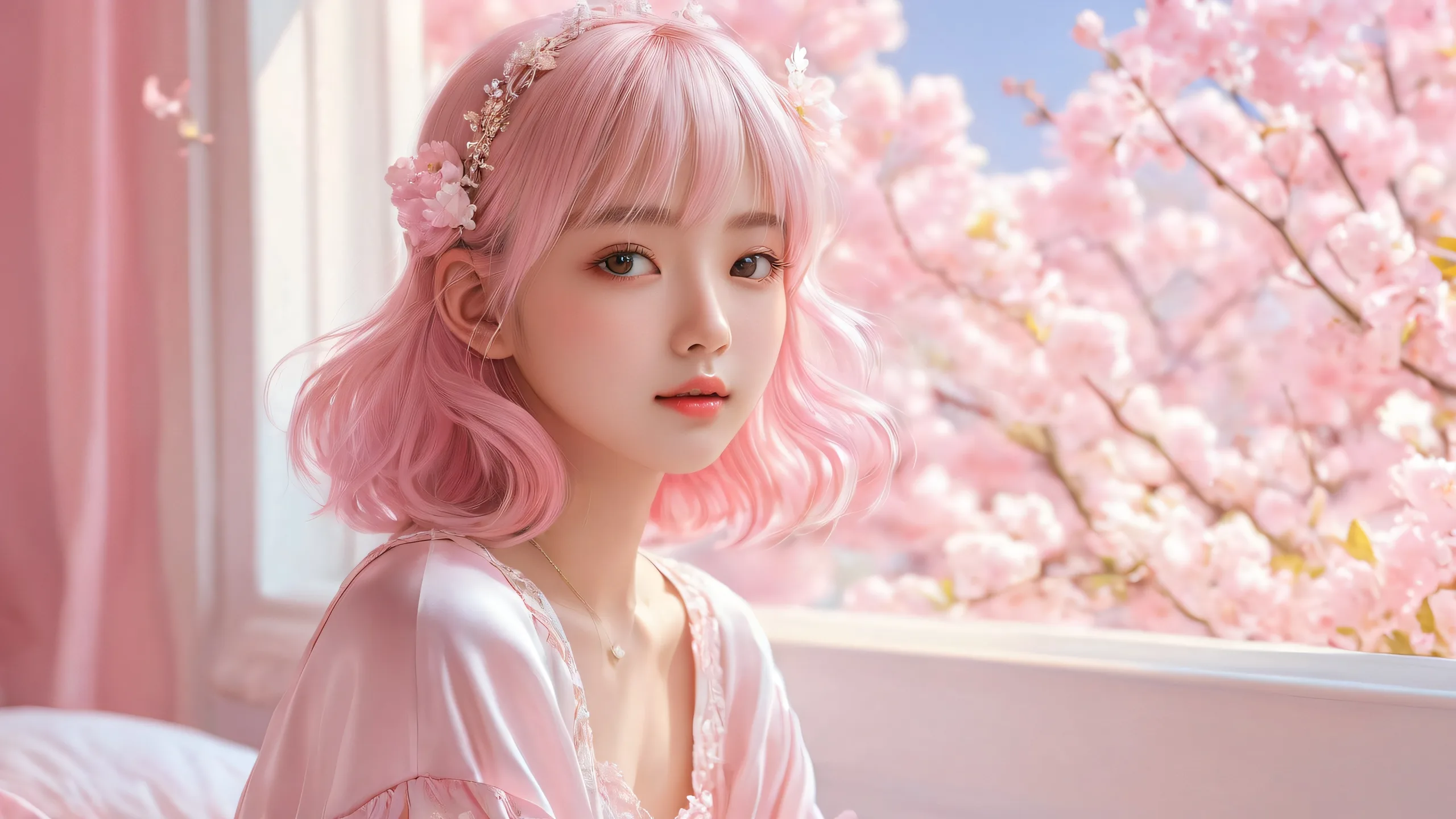 A serene bedroom setting with a girl surrounded by a vast pure void, perfect for your desktop or PC.