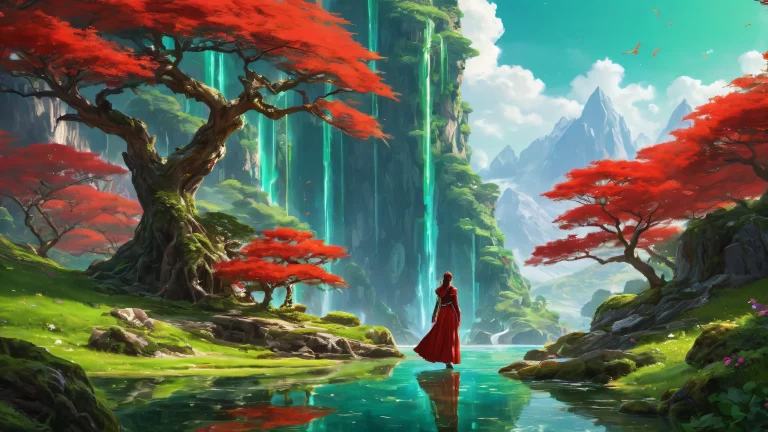 Fantastical female character amidst a vast, puro vazio, perfeito para fundos de desktop/pc.
