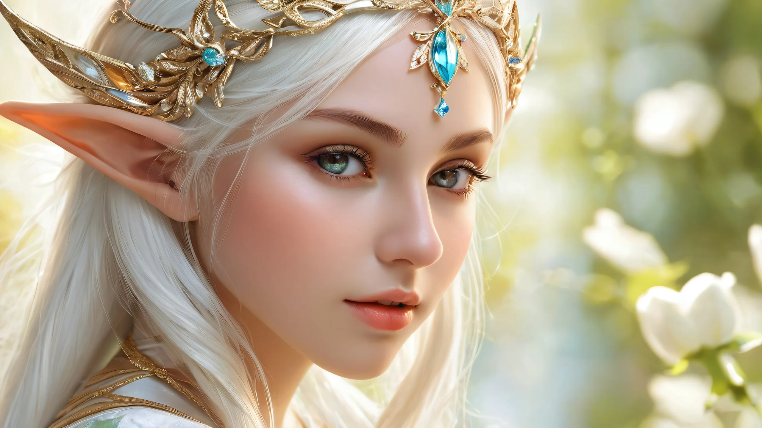 A serene desktop scene featuring Elf Girl amidst a vast pure void with extreme depth of field, perfect for PC or Desktop use.