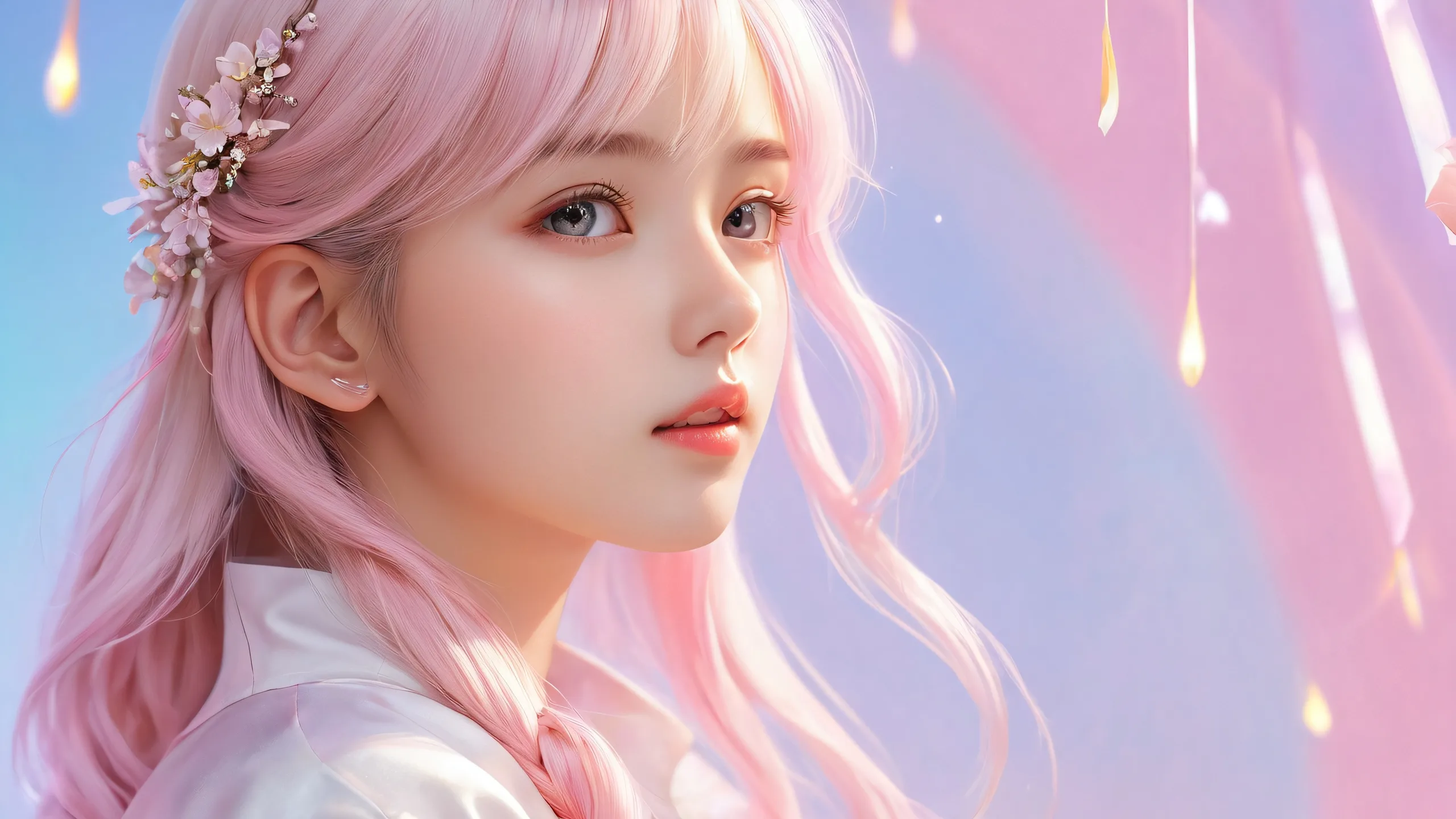 Delicate pastel shades on a pure void desktop background with cinematic lighting effects for a radiant and airy feel, suitable for a desktop or PC.