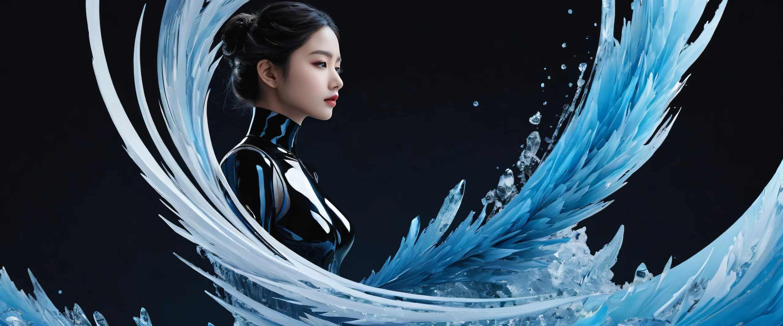 Girl stands amidst a vast pure void with a frozen blue backdrop on a Desktop/PC, perfect for dark mode aesthetic.