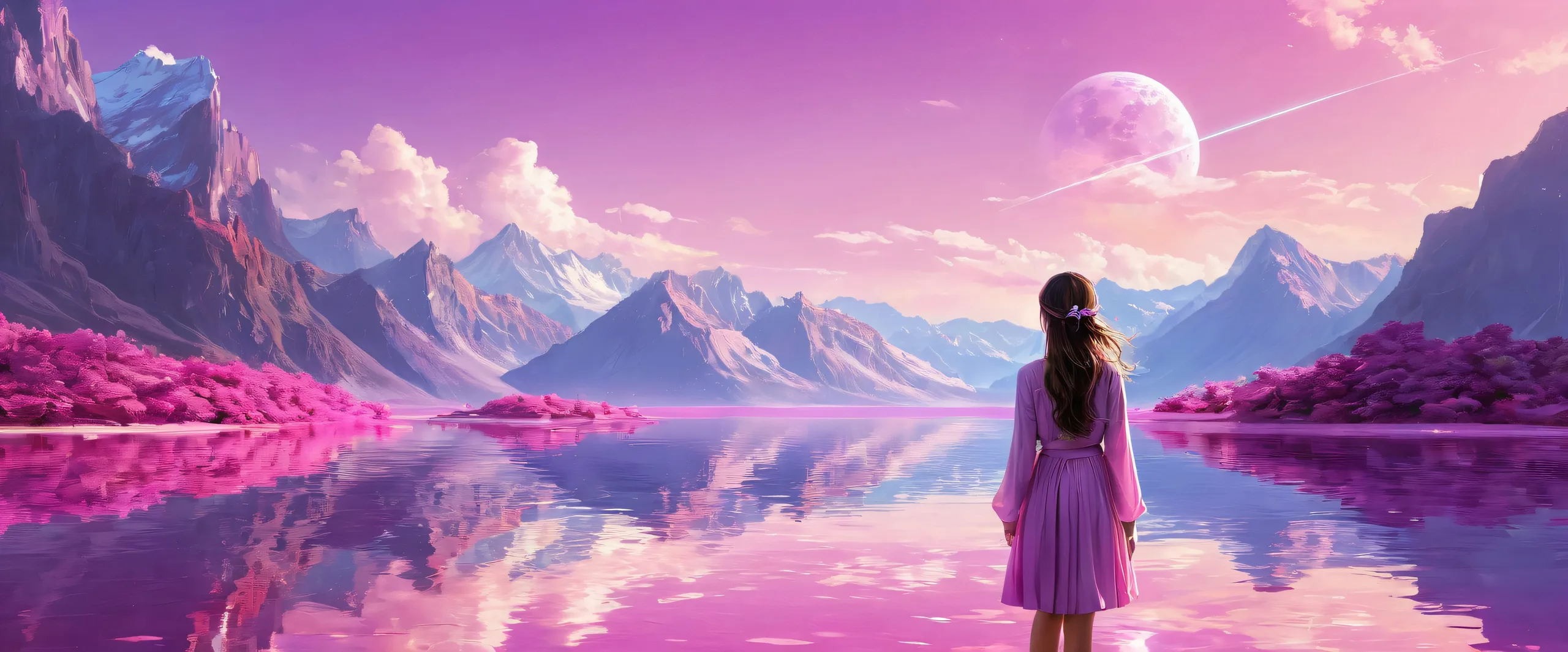 Girl in a vast pure void desktop wallpaper with radiant colors and reflections for PC or Mac.