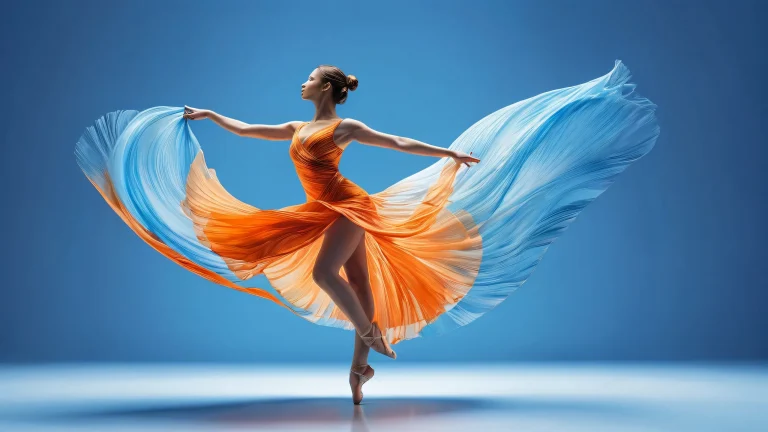 A breathtaking desktop wallpaper of a dancer set against an abstract blue and orange void with extreme depth of field, perfect for your PC or laptop Desktop.