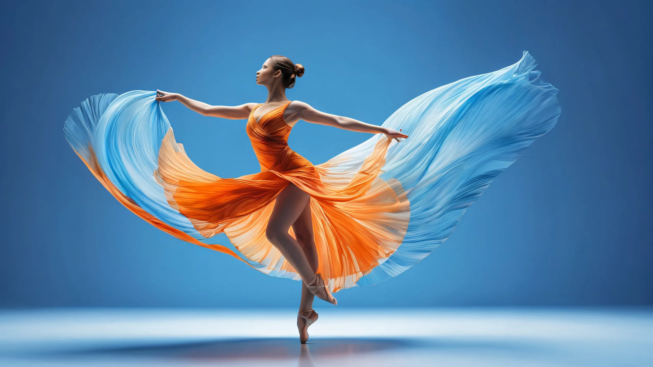 Ultra HD Ethereal Dreamscape Odyssey Wallpaper A breathtaking desktop wallpaper of a dancer set against an abstract blue and orange void with extreme depth of field, perfect for your PC or laptop Desktop.