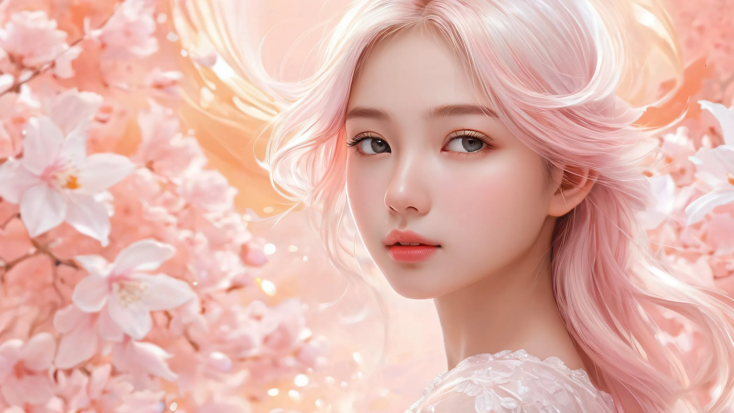 A serene desktop image of a girl amidst a vast, pure void with ethereal lighting and brilliant colors, suitable for use on Desktop/PC.