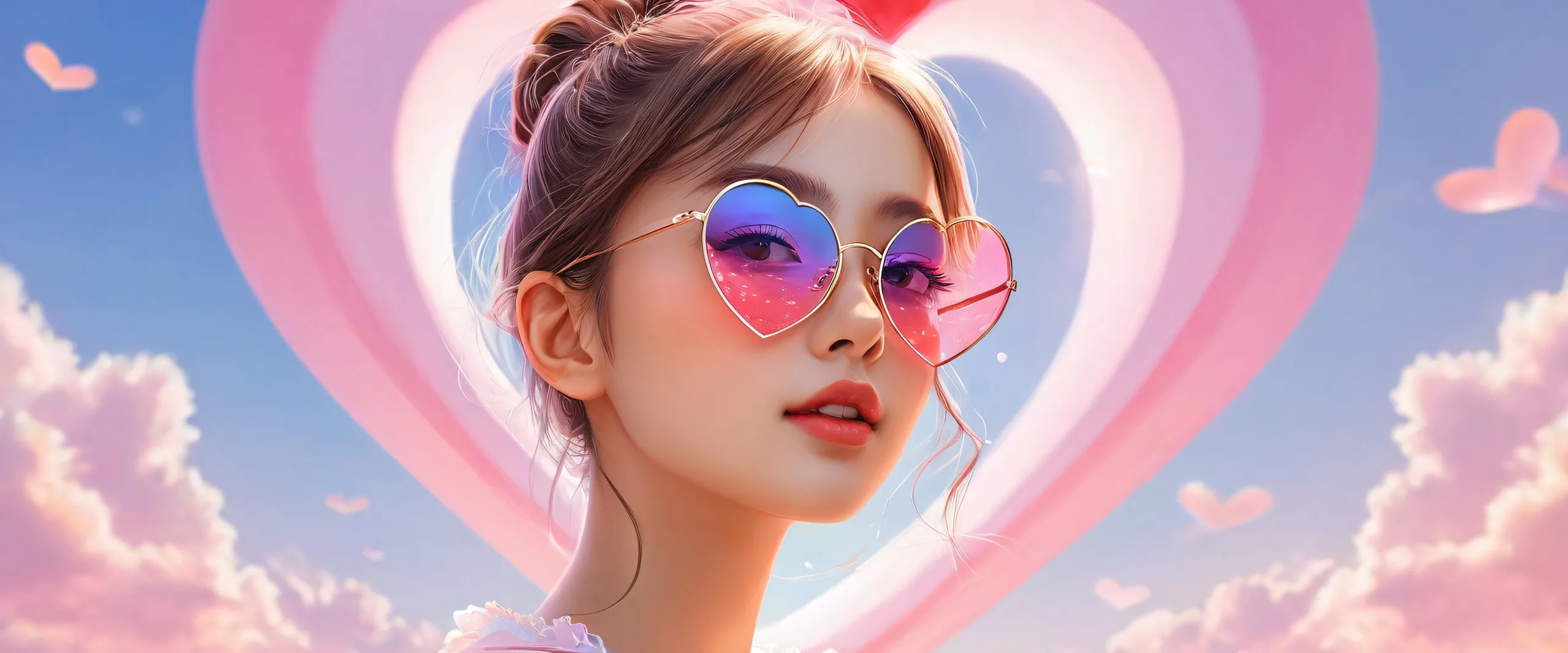 A girl with heart-shaped glasses set against a vast, pure void, perfect for your desktop or PC.