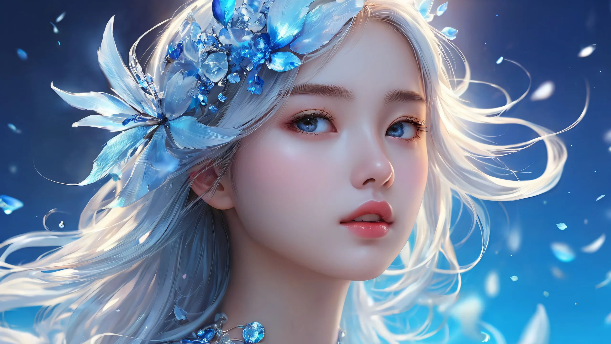 A stunning fantasy desktop scene of a girl surrounded by pure void and radiant light for PC or Mac Desktop