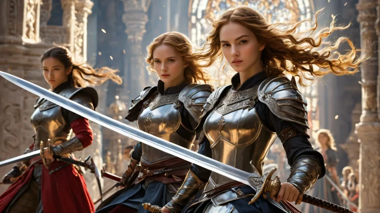 A dramatic desktop wallpaper of women with swords against a pure void backdrop for PC or Desktop use.