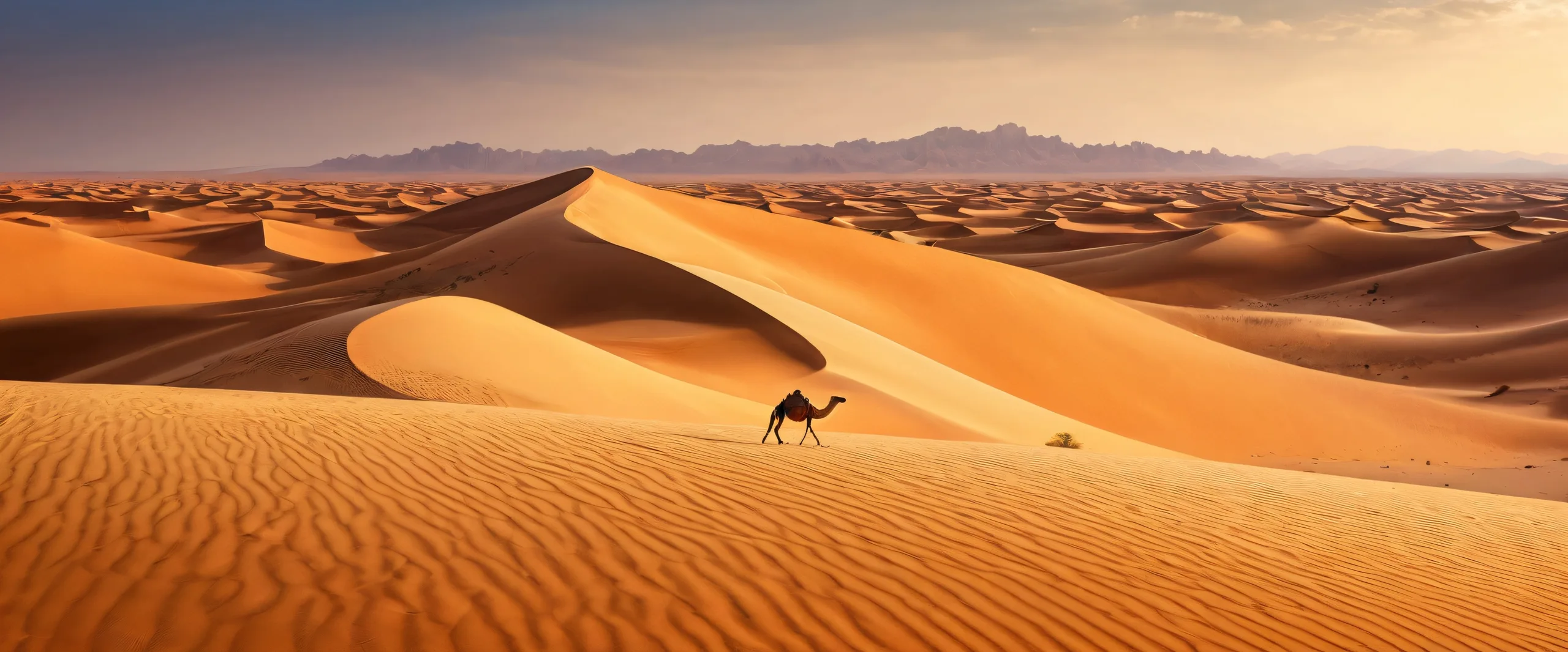 A stunning desktop scene featuring a camel in a vast desert landscape on a clean and pure void, perfect for Desktop/PC