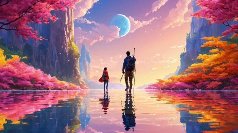 Two friends surrounded by a vast, puro vacío en una computadora de escritorio o PC, with exquisite ethereal lighting and radiant colors.