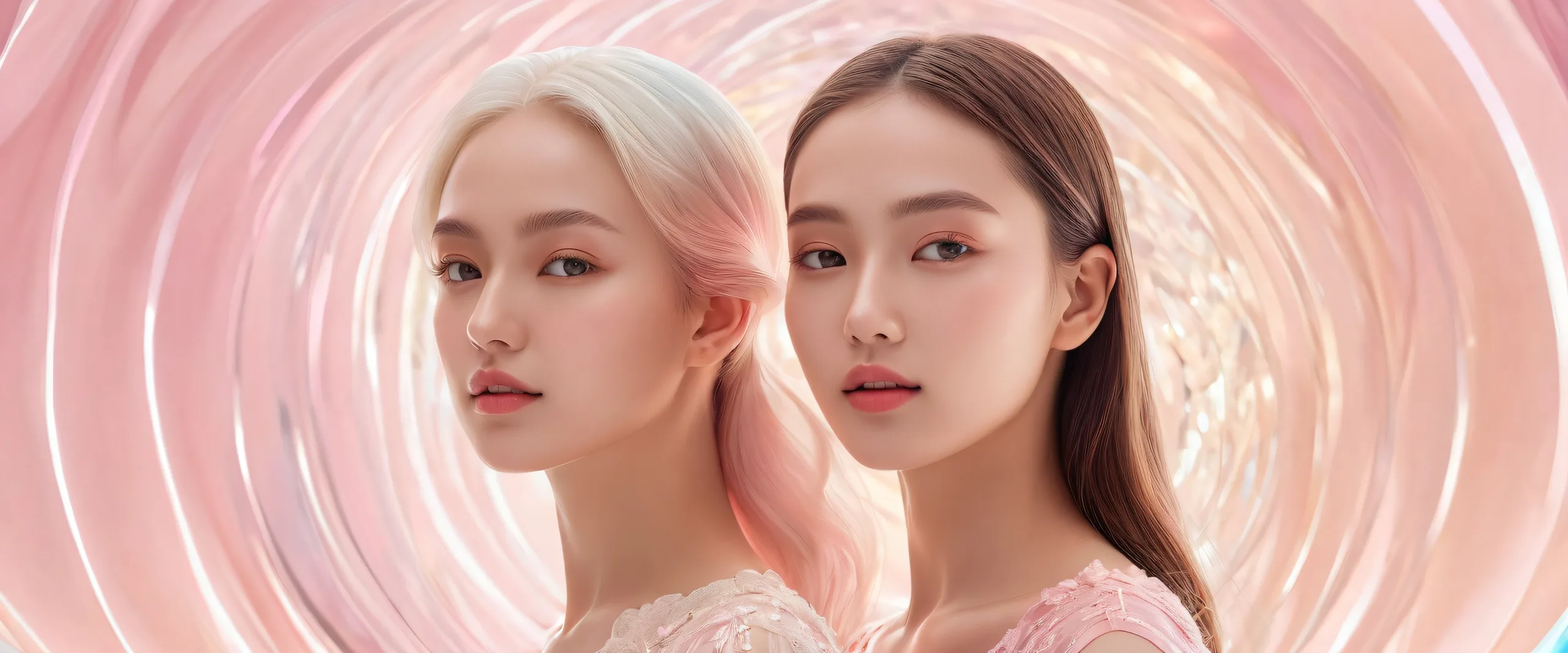 Two women amidst a vast pure void on a desktop/PC background with perfect depth of field, ethereal lighting, and radiant colors.