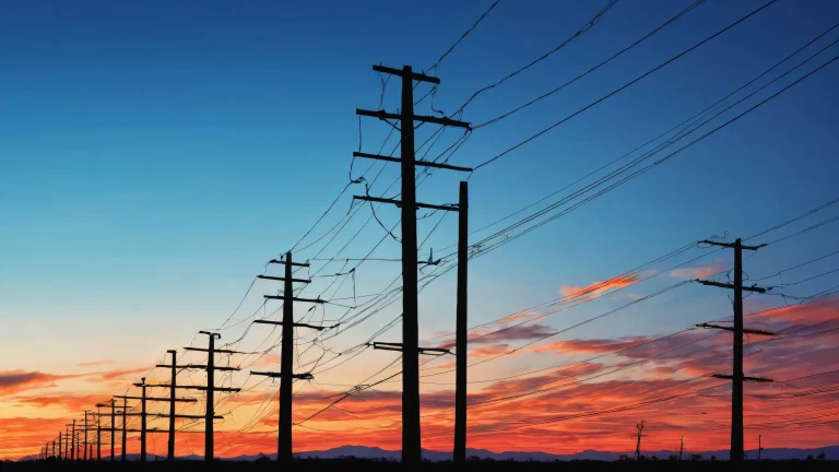 Utility pole silhouette against a radiant blue sky at dusk on a desktop/PC
