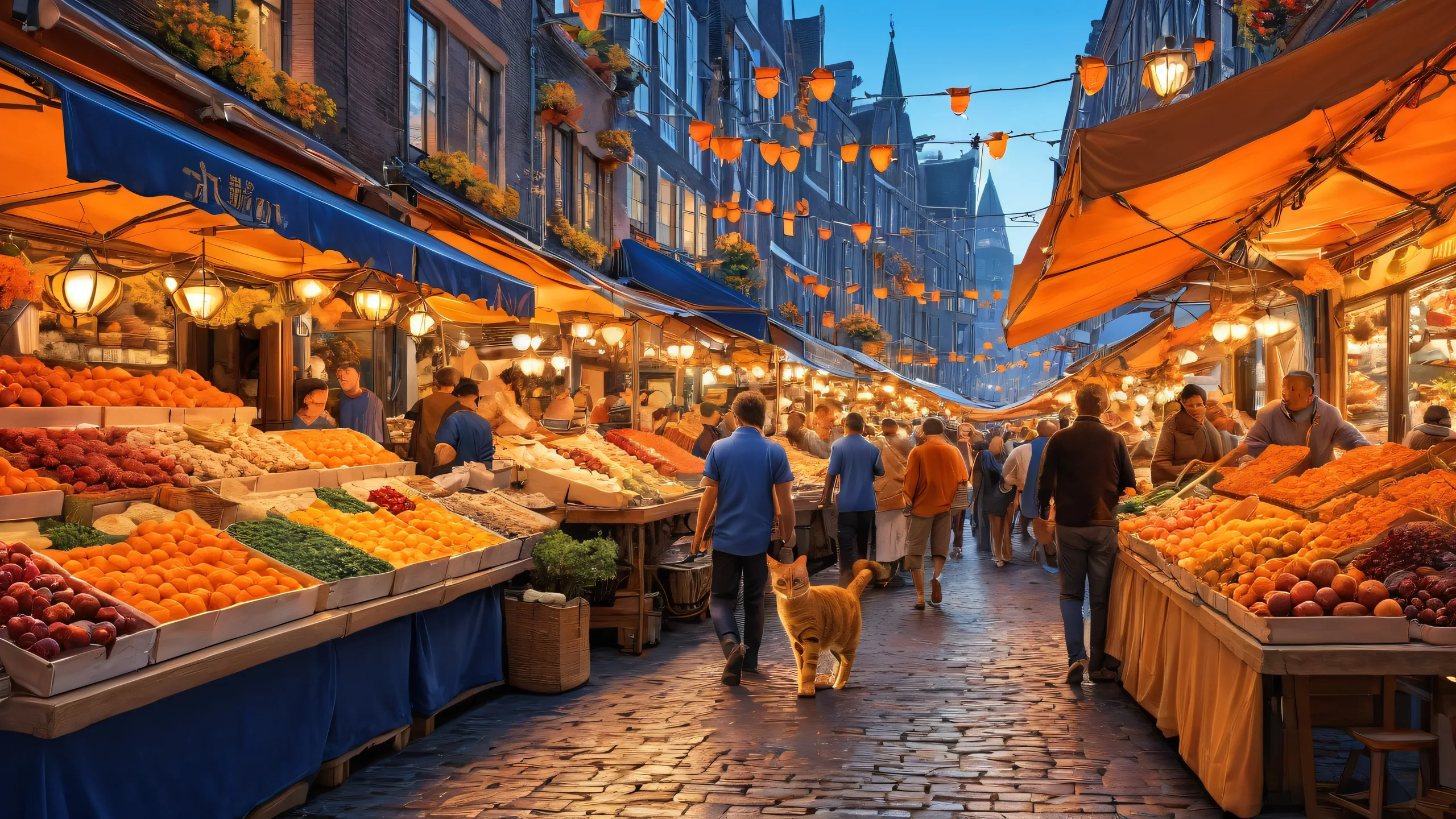 A serene and radiant desktop background of a bustling Dutch market scene for PC or Desktop, featuring exquisite feline companions.