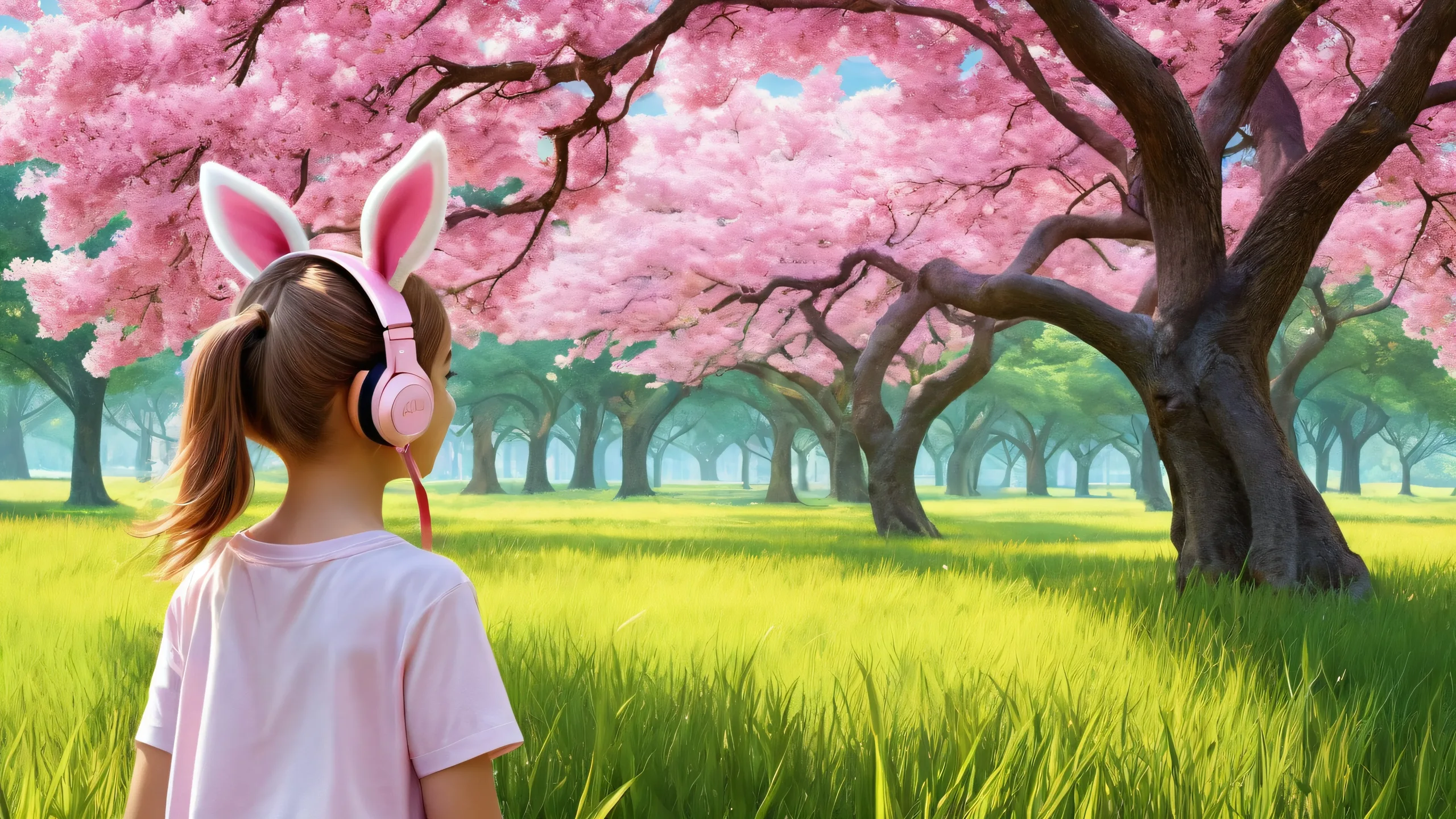 A serene desktop scene featuring kawaii girls with animal ears set against a pure void background with a tree and grass, perfect for PC or Mac.