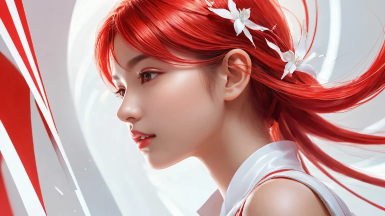 A stunning desktop image of a girl posing in a perfectly clean and vast pure void, with energetic red and white colors. Suitable for Desktop/PC use.