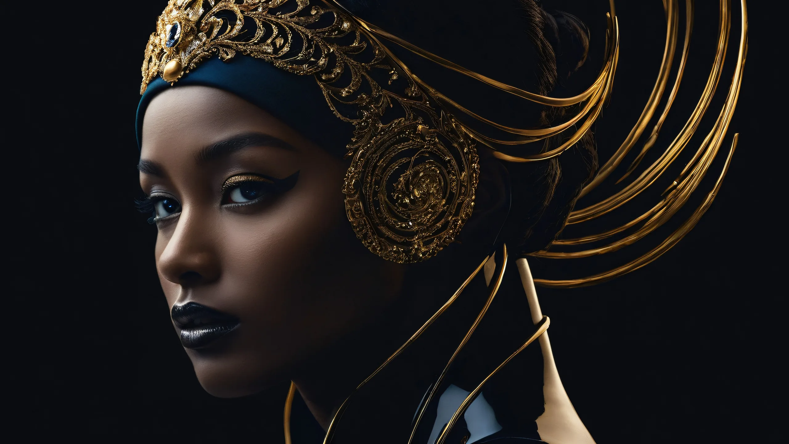 A portrait of a woman set against a vast, pure void with soft rim lighting and deep shadows on a Desktop/PC.