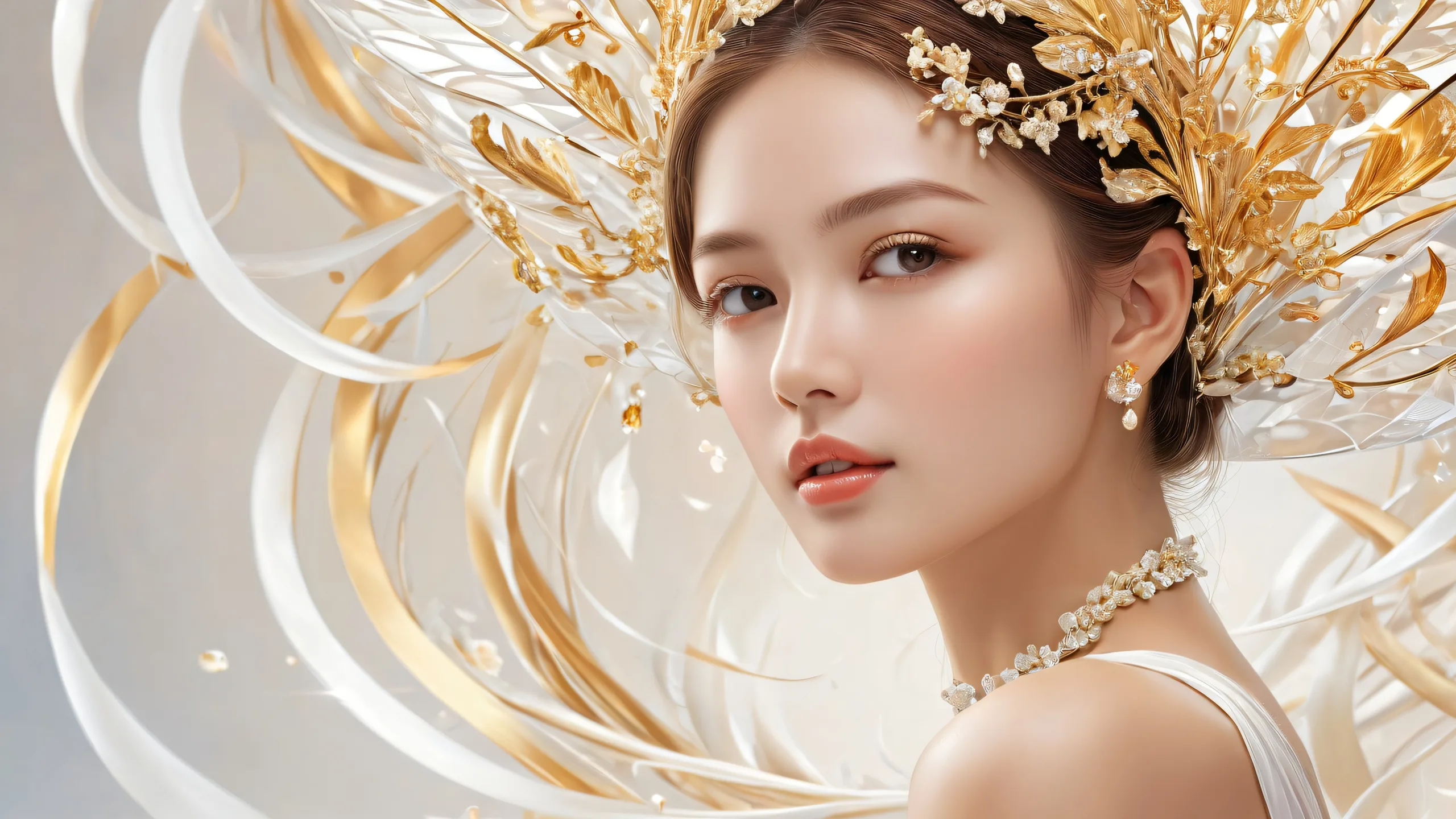 A prestigious woman amidst a vast, pure void with extreme depth of field on a Desktop/PC.