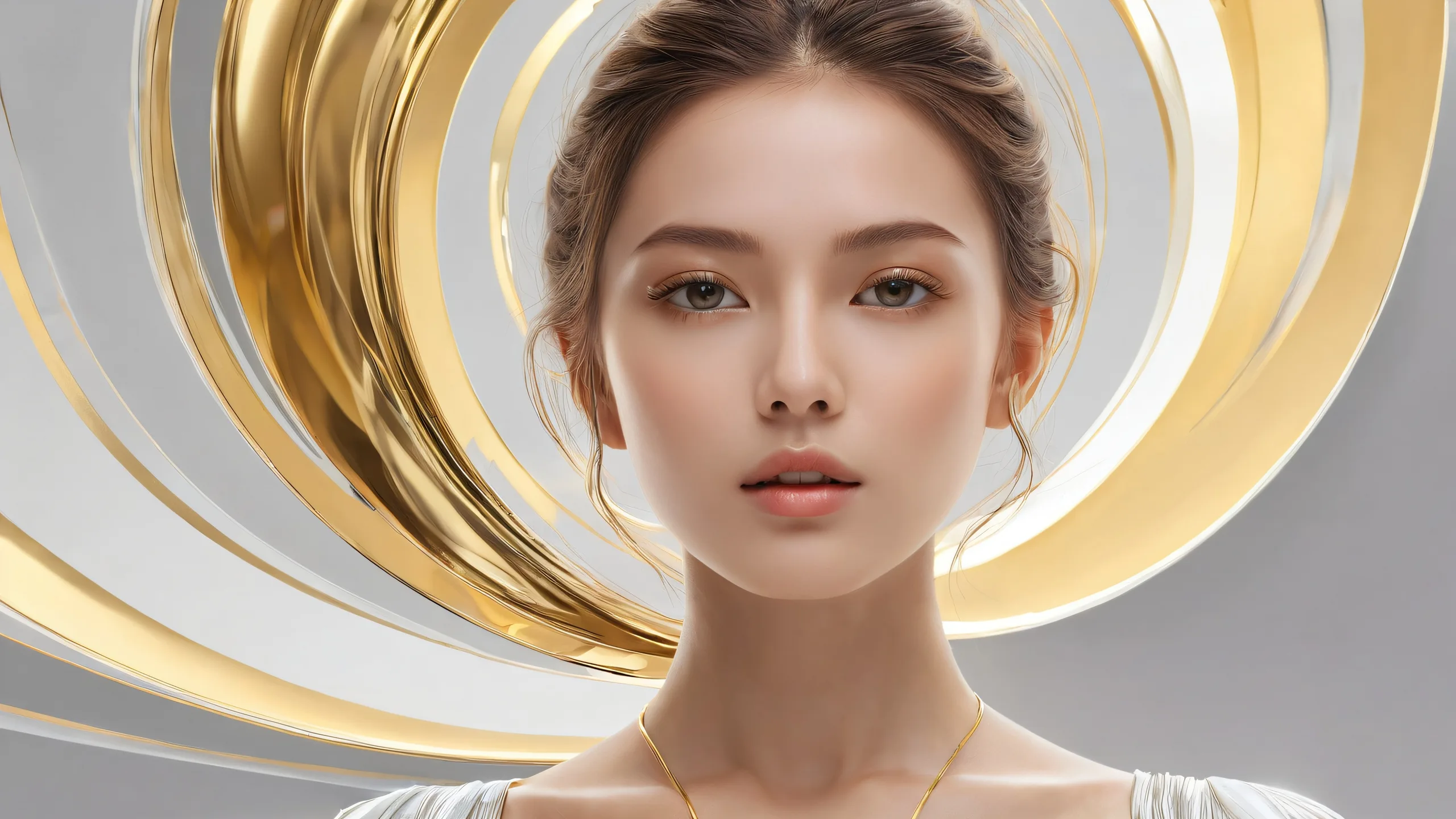 Woman centered in a vast pure void against a radiant gold background for desktop/PC use