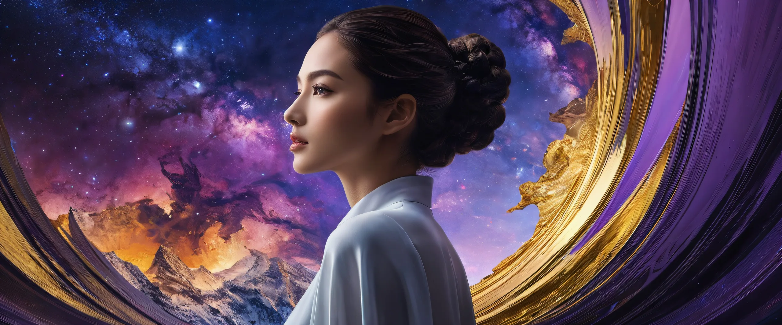 A portrait of a woman floating in mid-air on a pure void desktop background for PCs, with radiant colors and reflections.