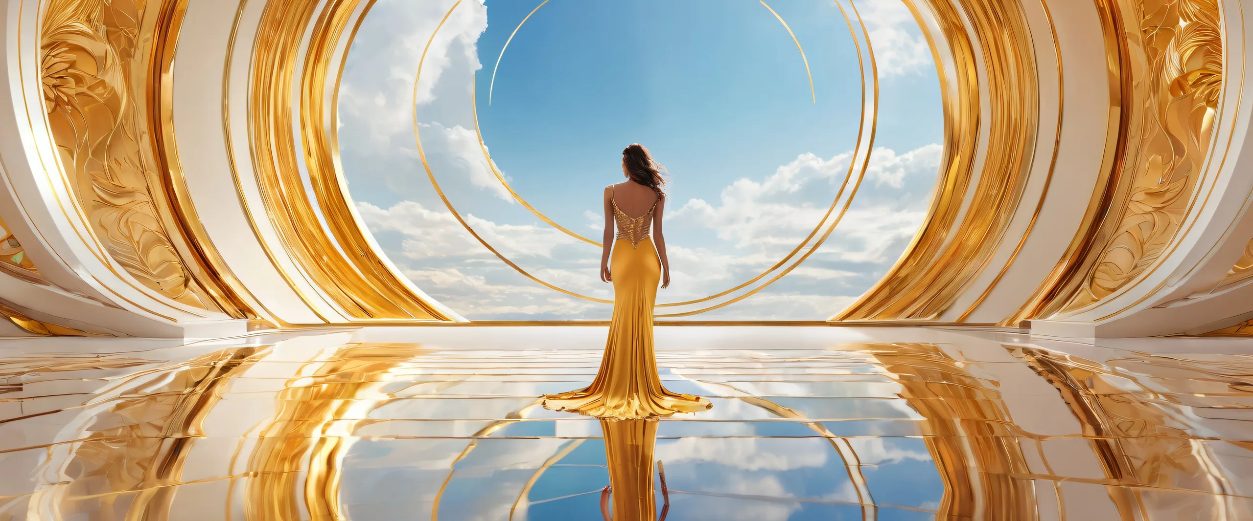 A stunning desktop image of a prestigious woman amidst a vast pure void with radiant, brilliant colors and ray-traced reflections, perfect for Desktop/PC.