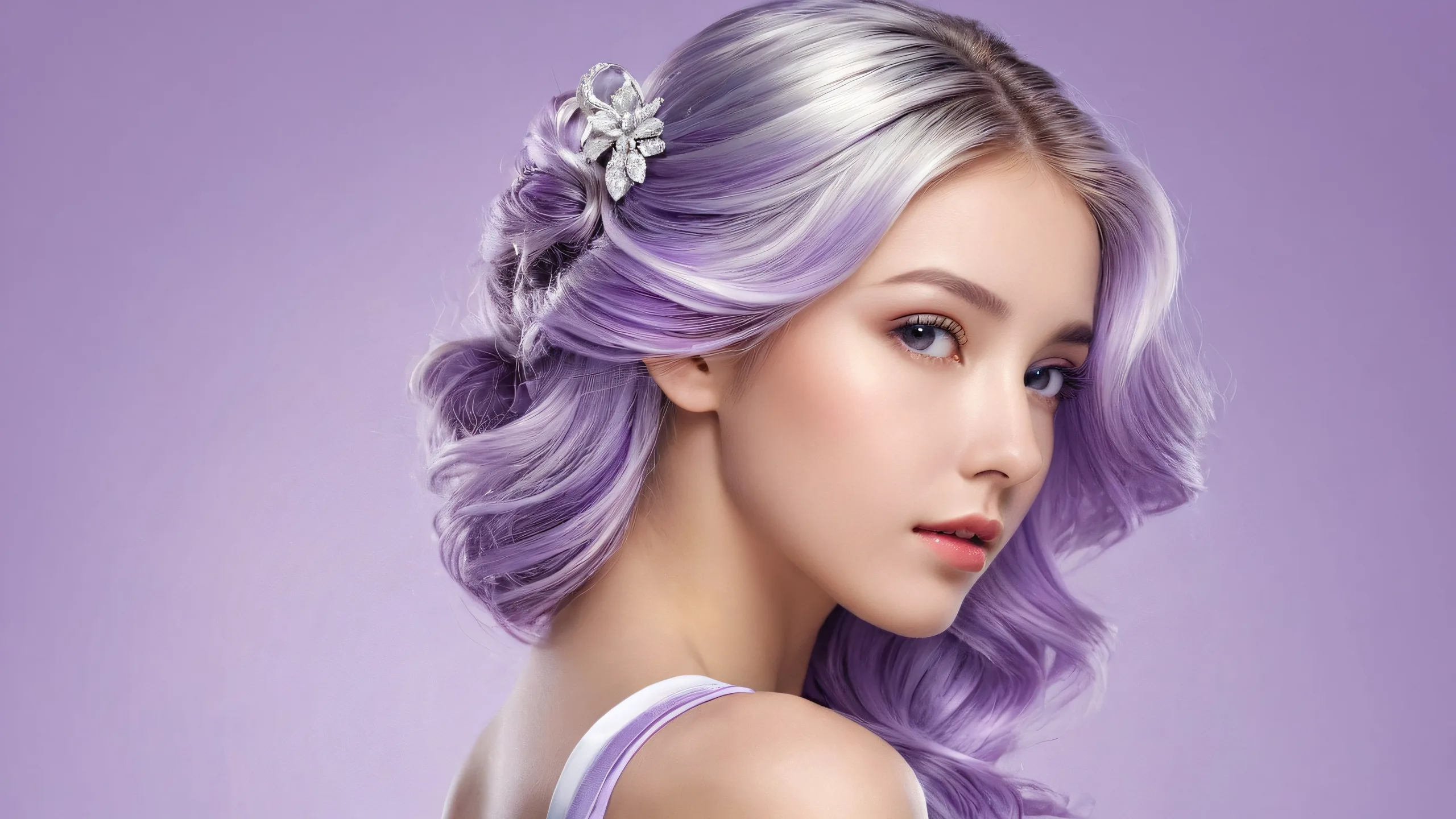 Portrait of a young woman in a pure void, desktop/pc wallpaper with refined features and captivating hairstyle.