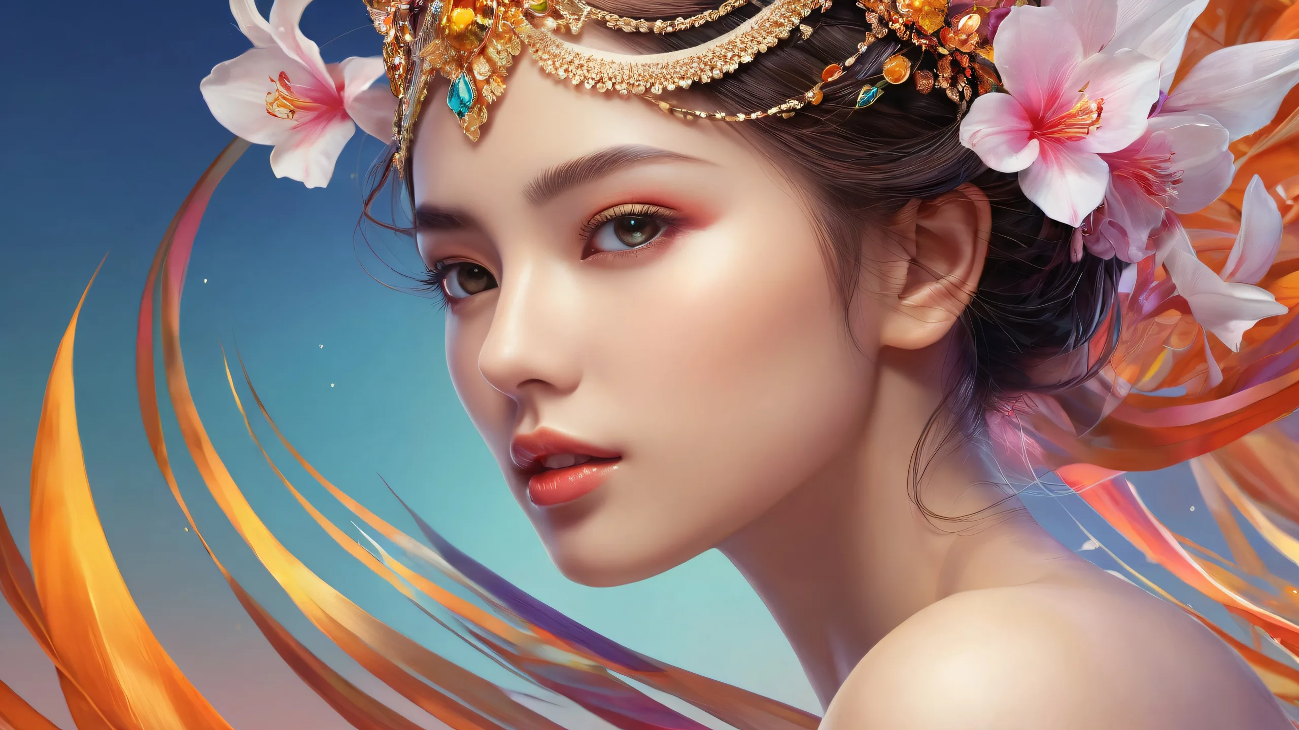 A serene woman set against a vast pure void, emphasizing her importance on the Desktop/PC.