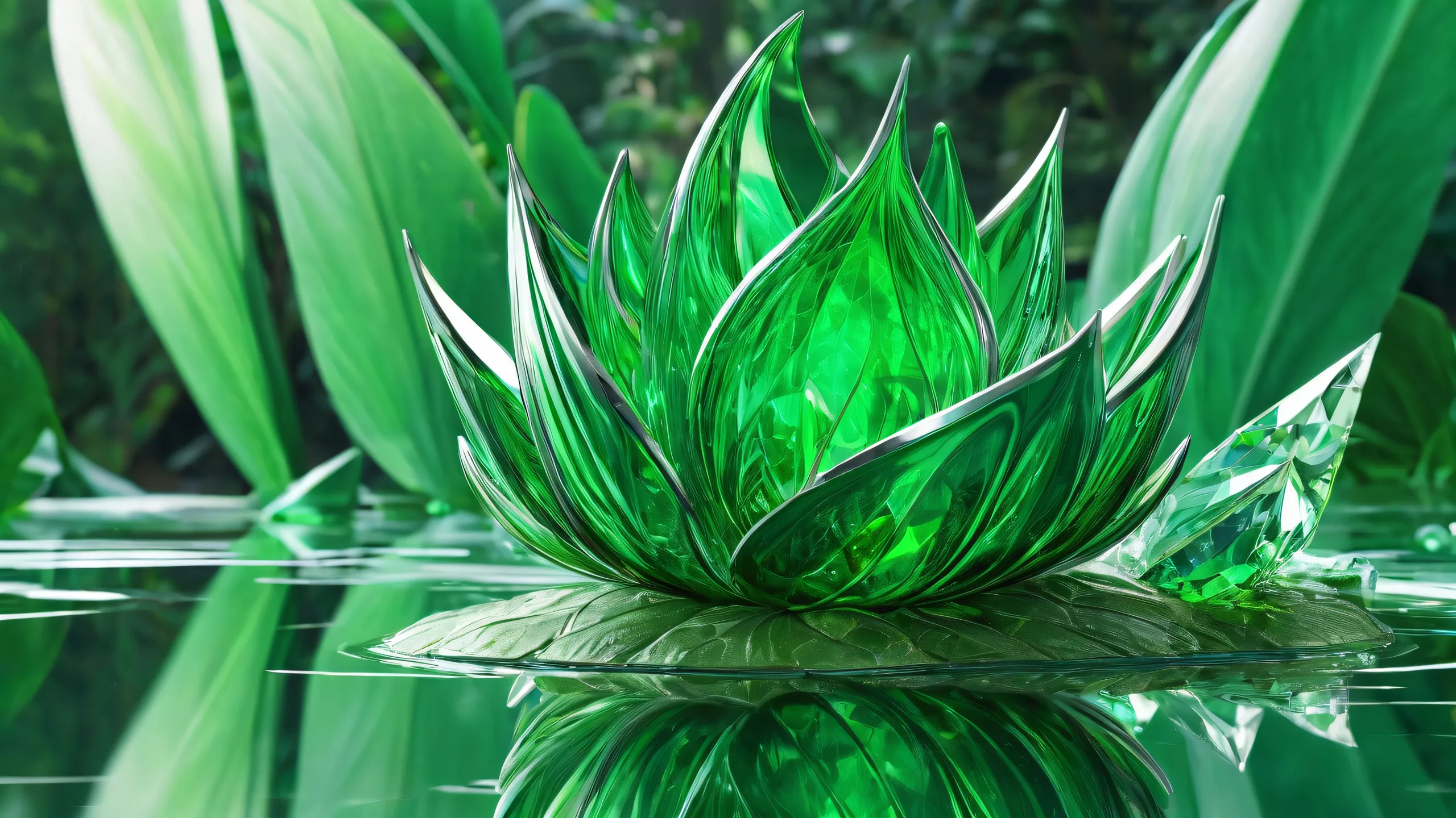 A serene and idyllic fantasy landscape for your desktop or PC, featuring an emerald green void with radiant colors and reflections.