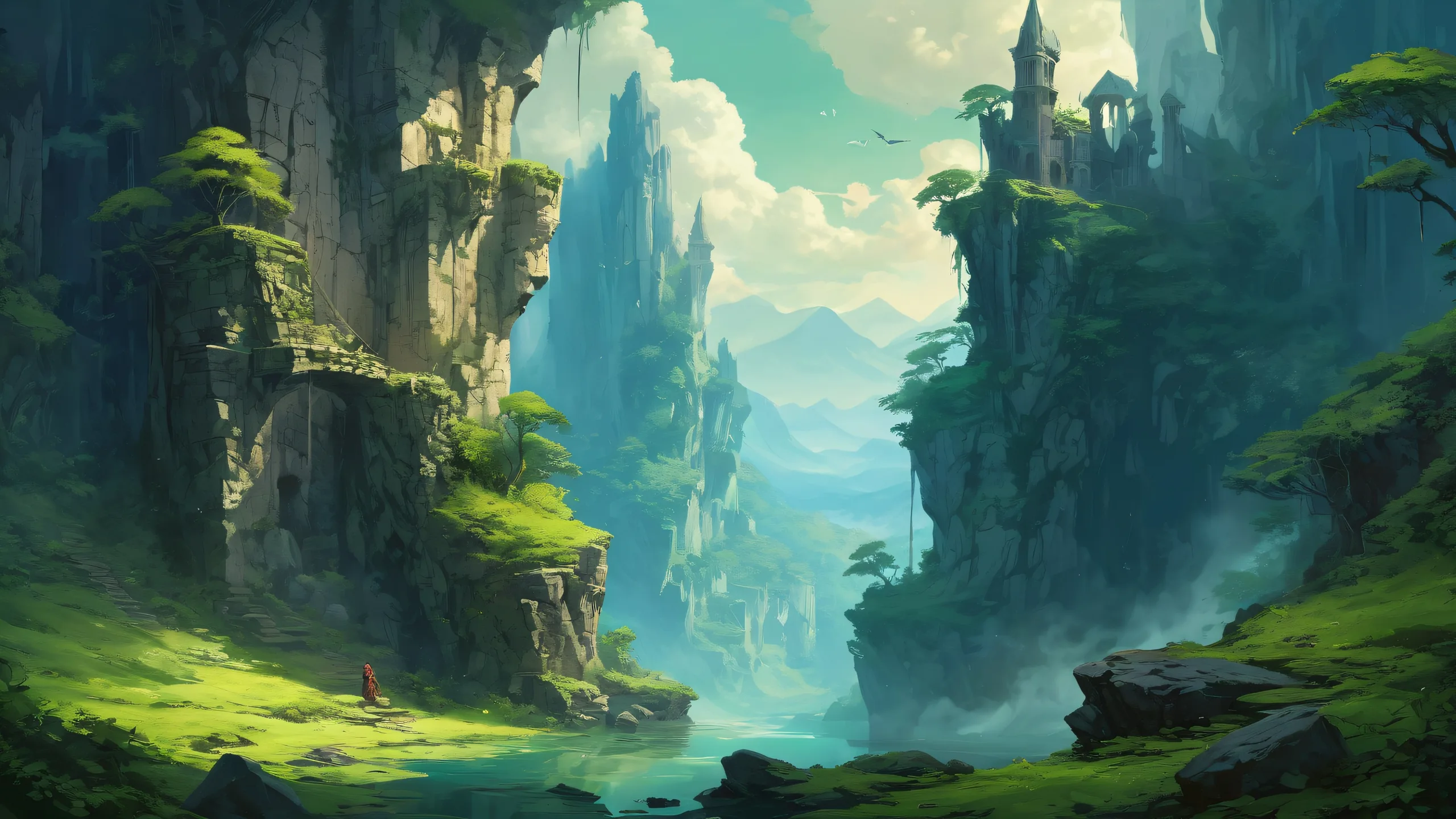 A majestic Robed Wizard stands amidst a mystical forest, with broken stone walls and towering cliffs in the background, against a vast pure void. For Desktop/PC use.
