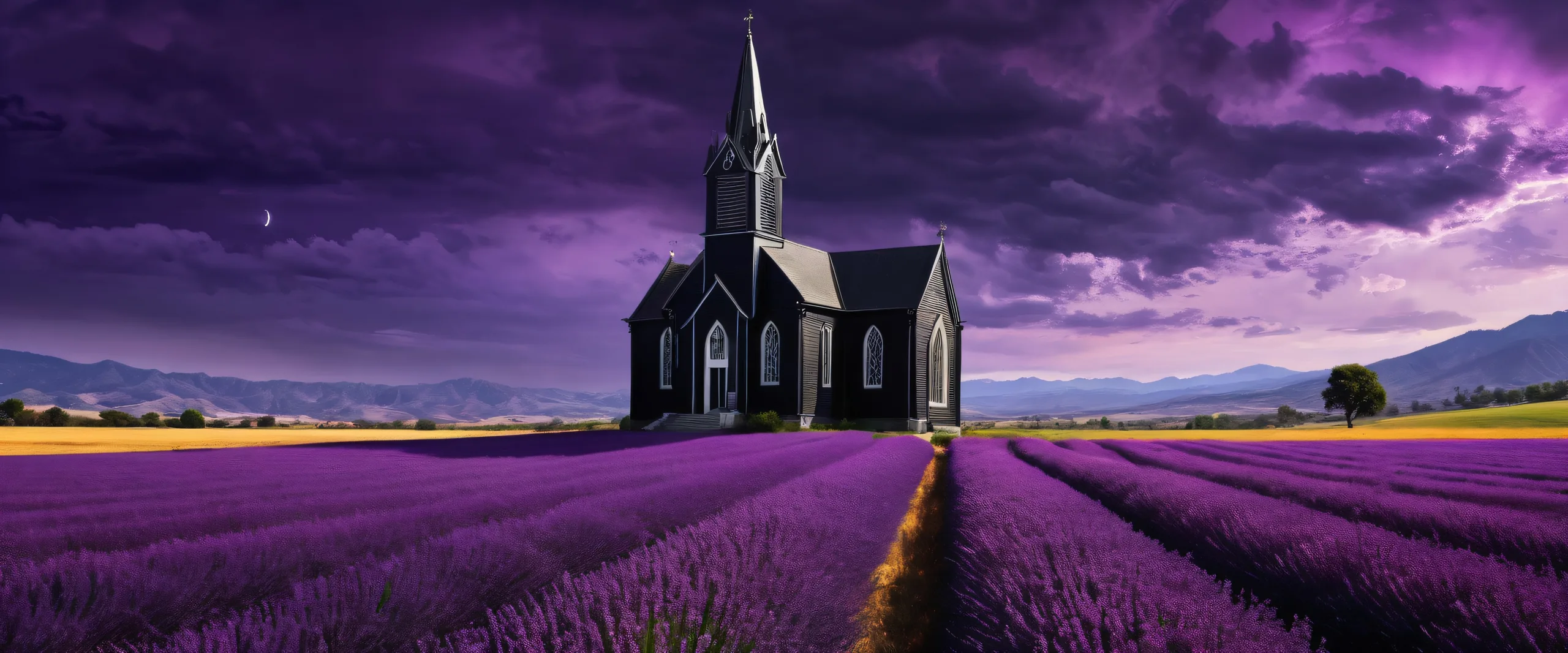 A surreal desktop scene featuring a young goth woman standing in front of an old black church, with a purple haze floating across the fields against a backdrop of pure void, perfect for your Desktop/PC.