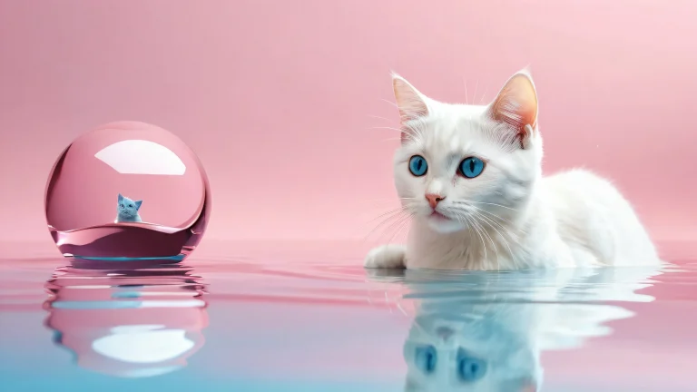 A serene desktop image of a cat and fish floating in a vast, pure void, perfect for PCs and desktops.