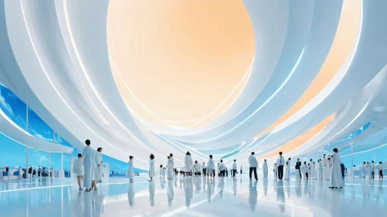 A serene and futuristic desktop scene featuring people meeting amidst a vast, pur vide, with dominant blue and orange hues, parfait pour une utilisation sur PC ou ordinateur de bureau.