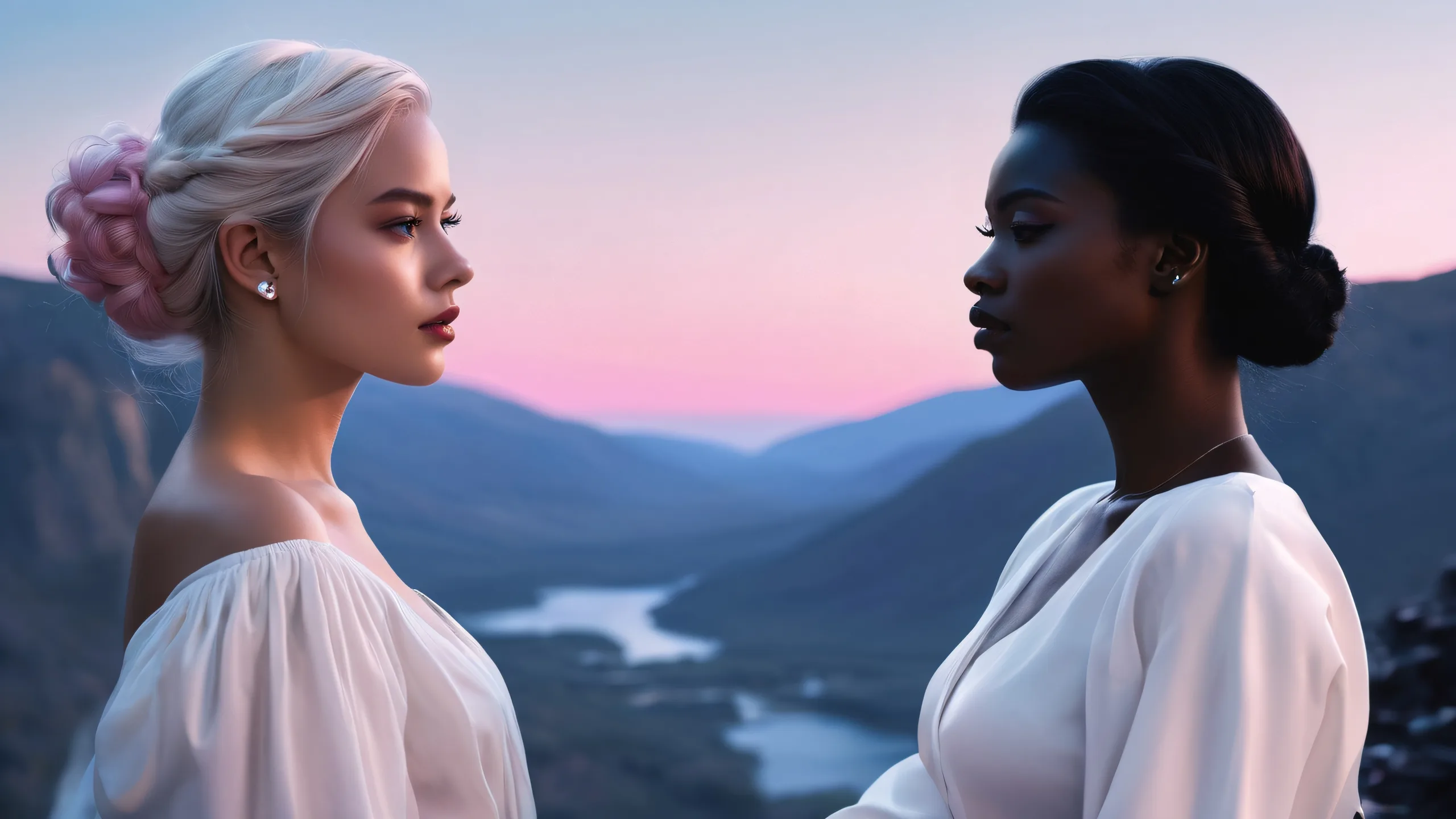 Ethereal Encounter in the Void Aesthetic PC Wallpaper Two women stand amidst a vast, pure void on a desktop or PC screen.