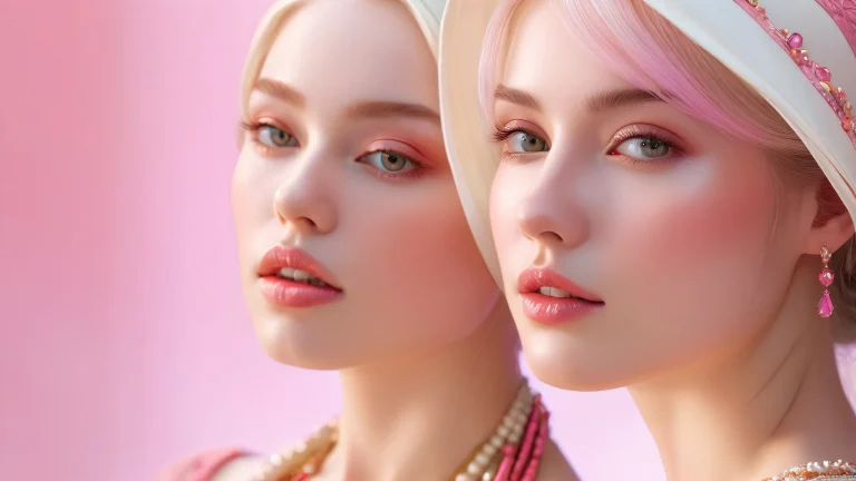 Two women surrounded by a vast, pure void, with ethereal lighting and brilliant colors. Suitable for desktop/pc.