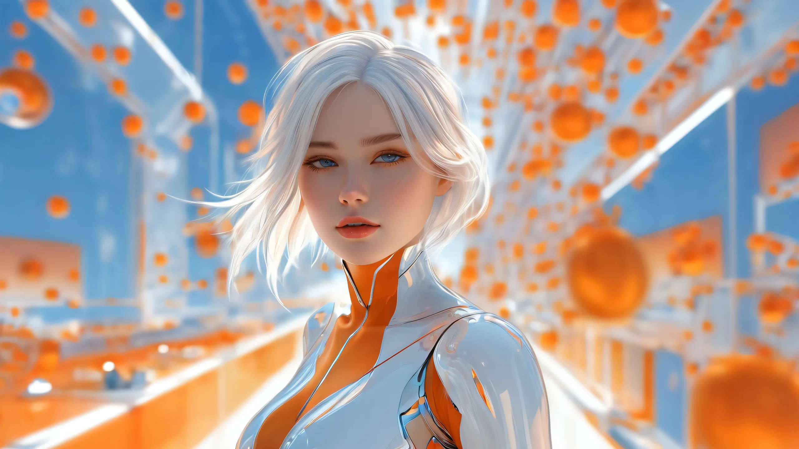 4K Ethereal Encounter Desktop Background A stunning digital artwork featuring a female figure set against a vast pure void with metallic surfaces and ethereal lighting. Suitable for desktop or PC.