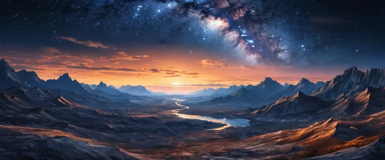 A breathtaking desktop wallpaper of stars and void on a post-apocalyptic landscape, adapté pour ordinateur de bureau/PC