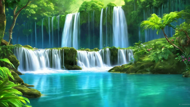 A stunning desktop wallpaper featuring a breathtaking waterfall on a vast pure void, Perfekt für Ihren PC oder Desktop.
