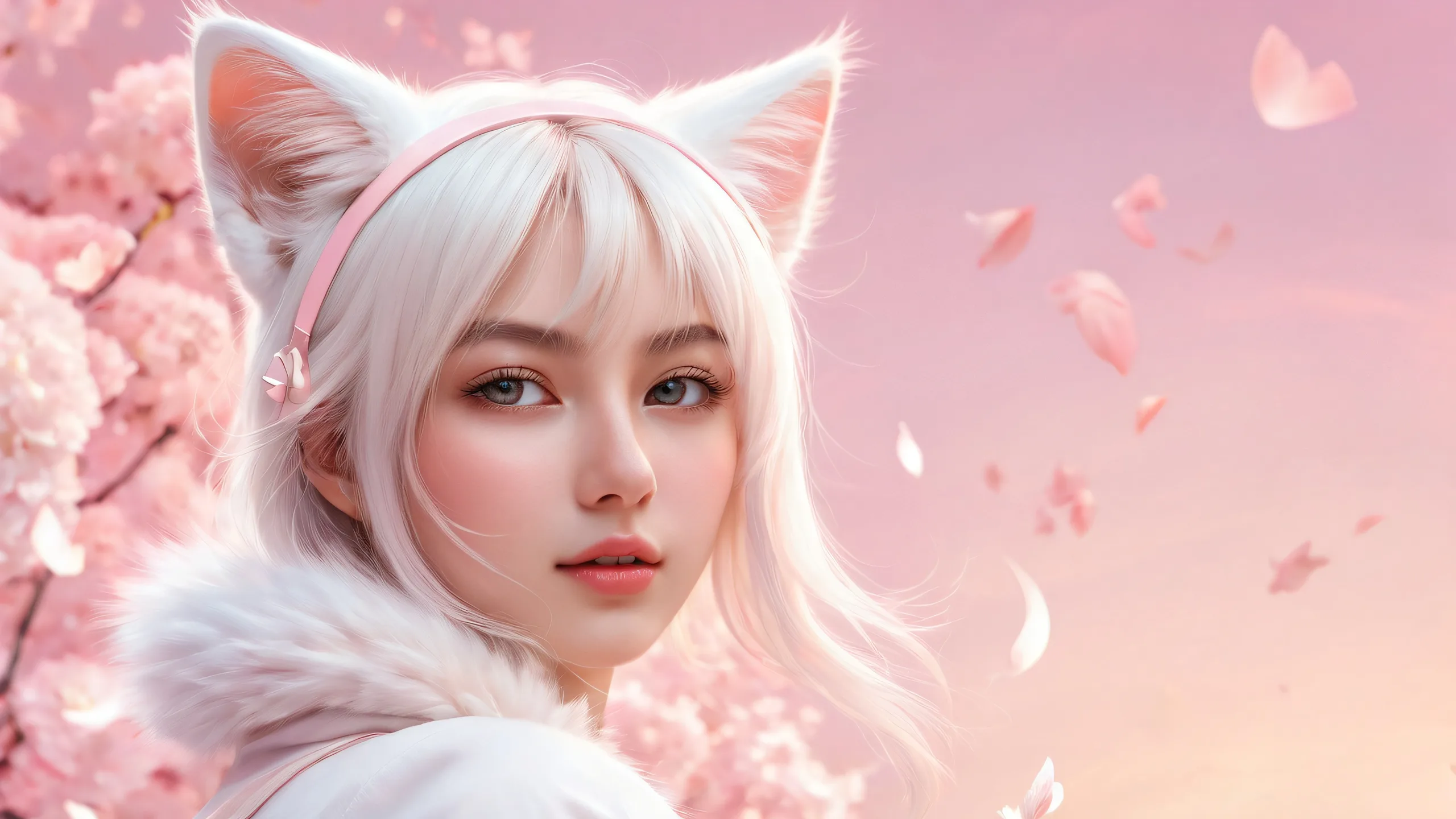 Female with cat ears and fluffy tail standing in a vast, pure void with extreme depth of field and mystical ambiance for desktop/pc use.
