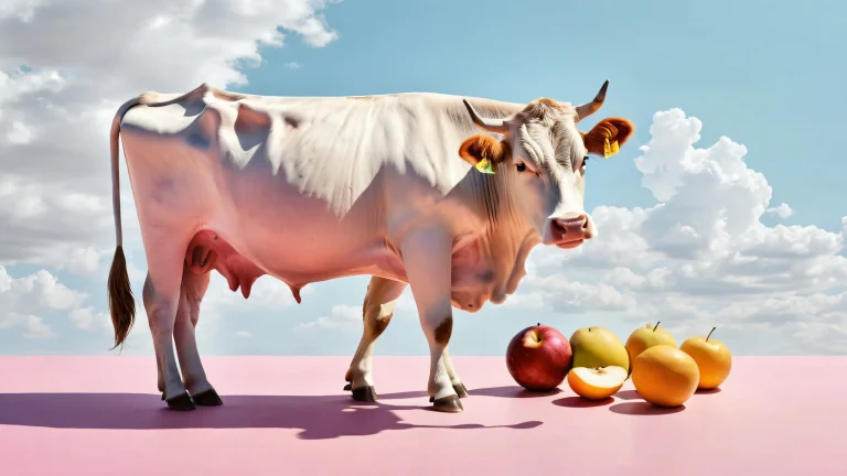 Desktop/PC background featuring a whimsical farm scene with a cow-sized fruit and a farmer in perfect focus against a pure void backdrop.