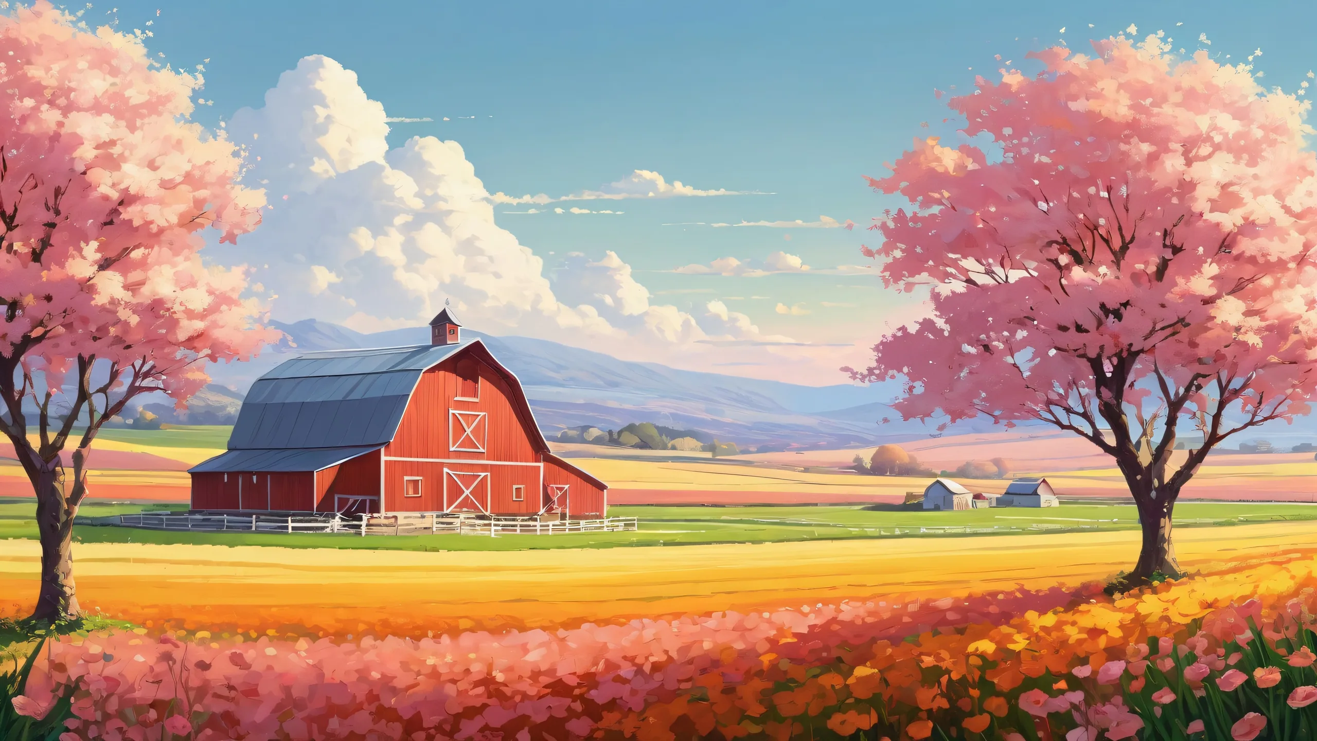 A serene and idyllic farm landscape on a desktop or PC background, with extreme depth of field and radiant lighting.