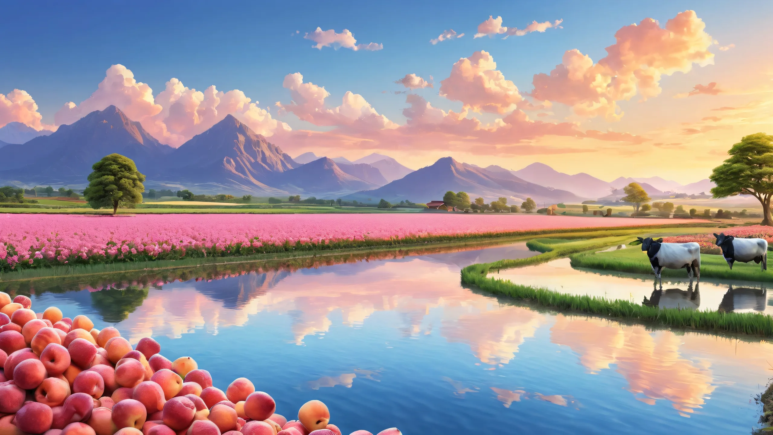 A serene and idyllic farm scenery on a pristine desktop for PCs and Macs, featuring vibrant colors, perfect composition, and stunning visual impact.