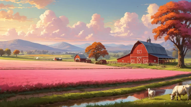 A serene farm landscape for desktop or PC, featuring rustic textures and radiant lighting.