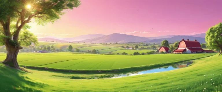 A serene and idyllic farm landscape on a desktop or PC, featuring green pastures, radiant light, and breathtaking depth.