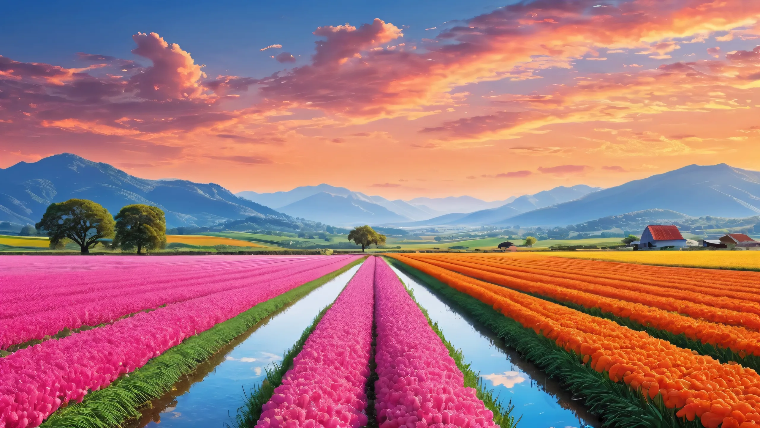 A serene farm landscape on a desktop or PC, with pristine clarity and ethereal lighting.