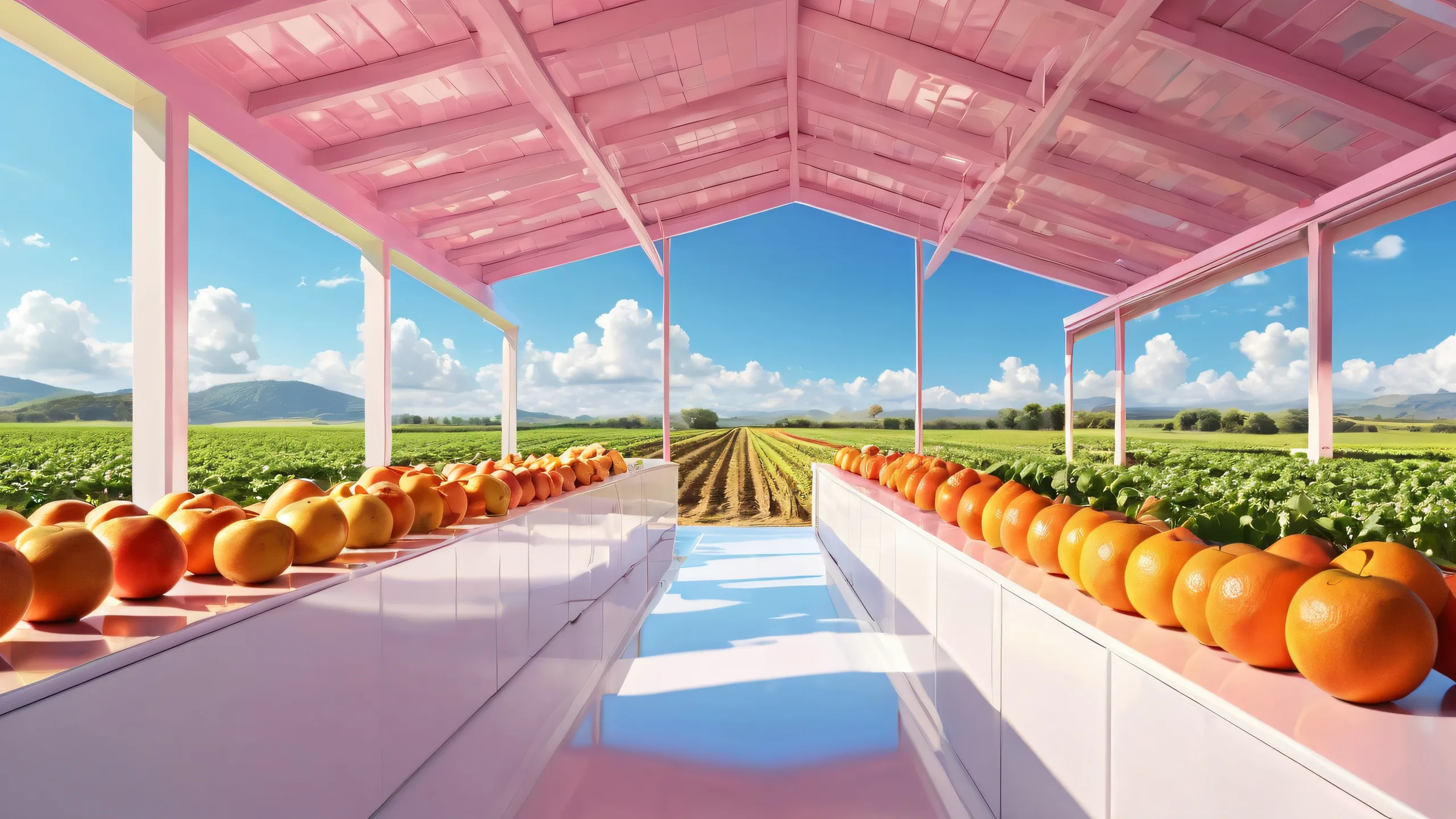 Desktop/PC background of a serene farm setting with radiant colors and reflections.