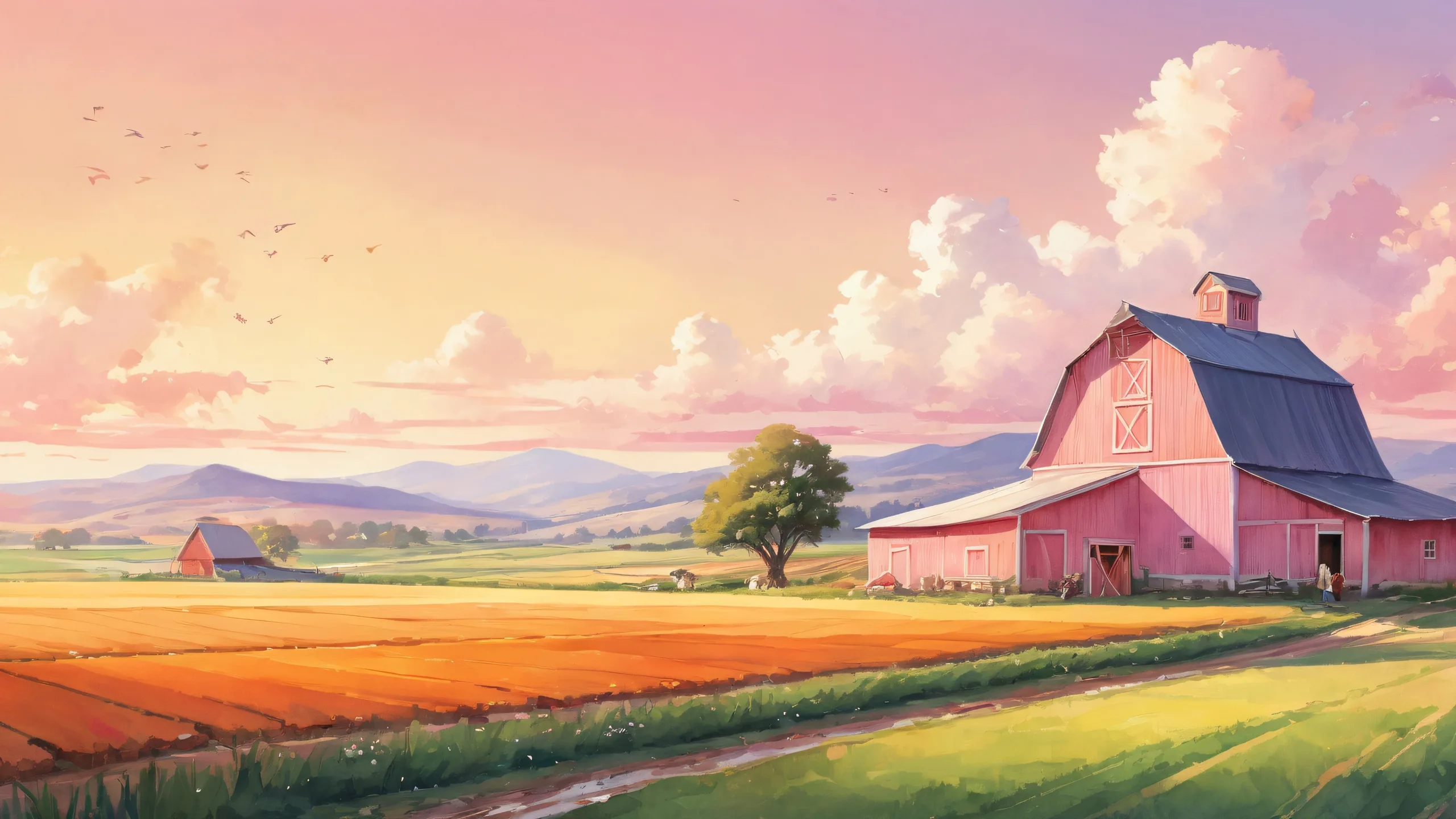 A serene and idyllic farm setting on a desktop or PC, featuring a farmer surrounded by a vast, pure void, with radiant ethereal lighting.
