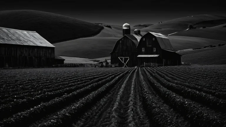 A serene farm scene on a dark mode desktop, perfect for a PC or Desktop computer.