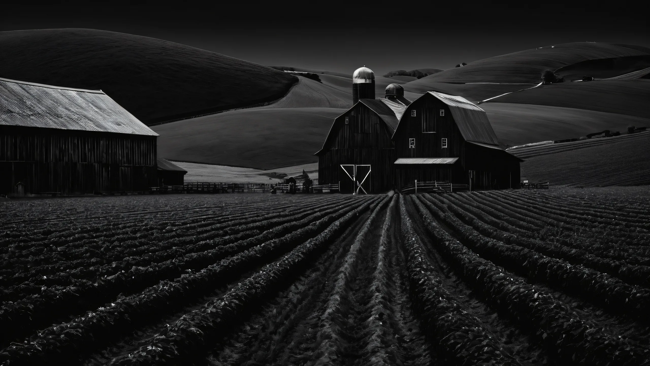 A serene farm scene on a dark mode desktop, perfect for a PC or Desktop computer.