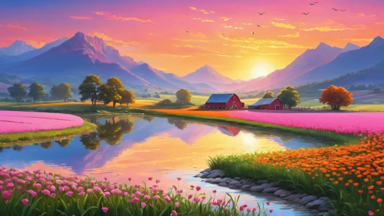 A serene and picturesque farm scene on a desktop or PC, with radiant colors and reflections