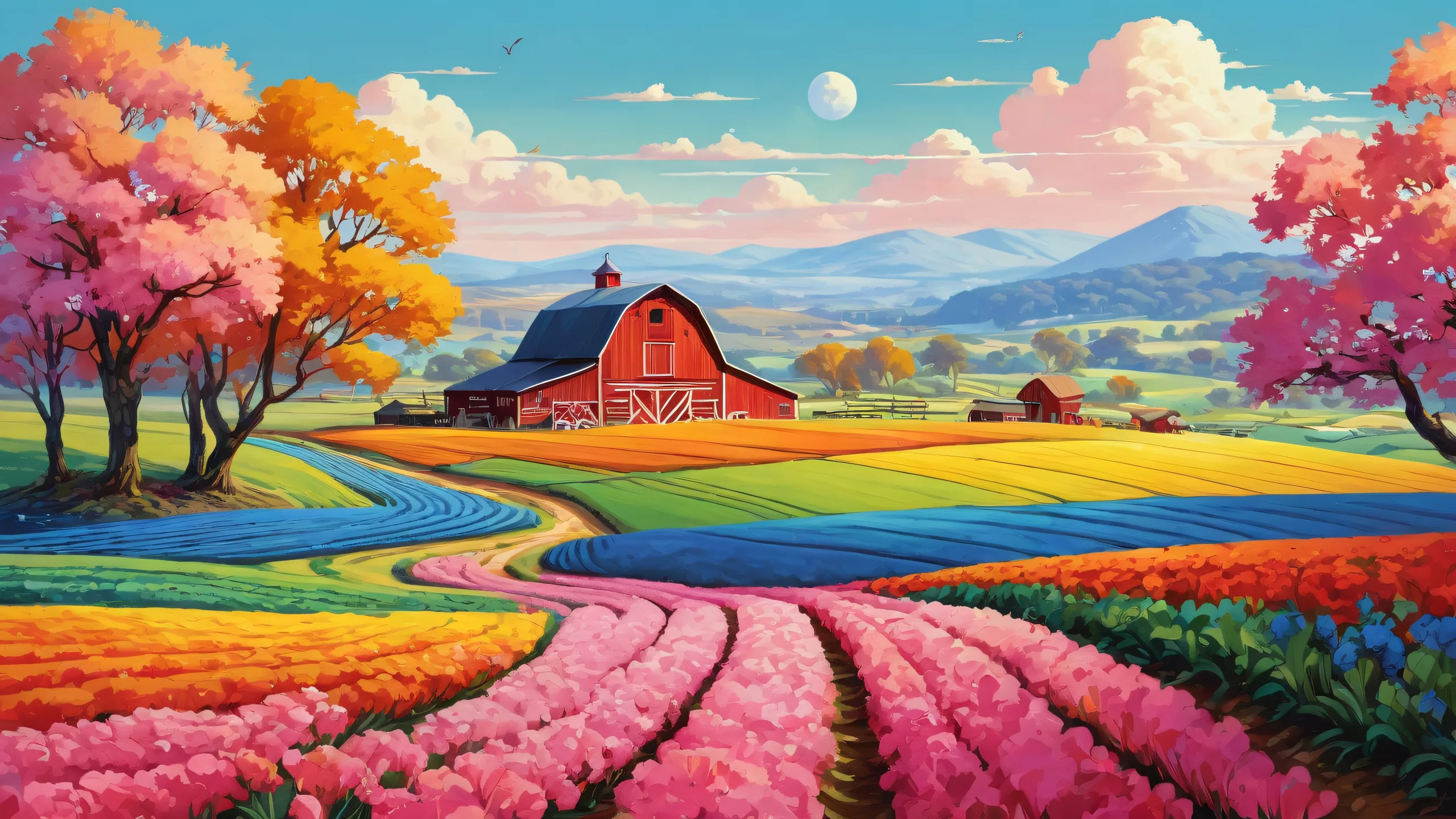 A beautiful desktop wallpaper of a perfectly clean vast pure void with an extreme depth of field, featuring an epic farm scene, ideal for use on Desktop/PC.